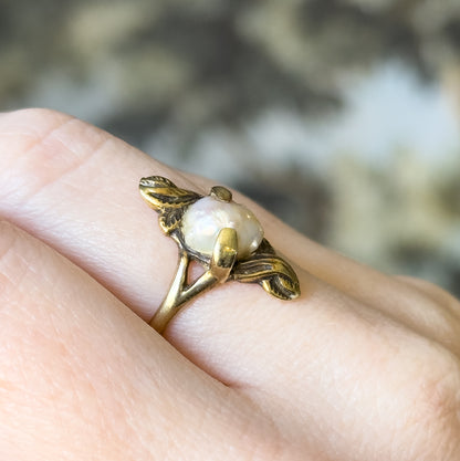 Art Nouveau Baroque Pearl Ring in 14K Yellow Gold