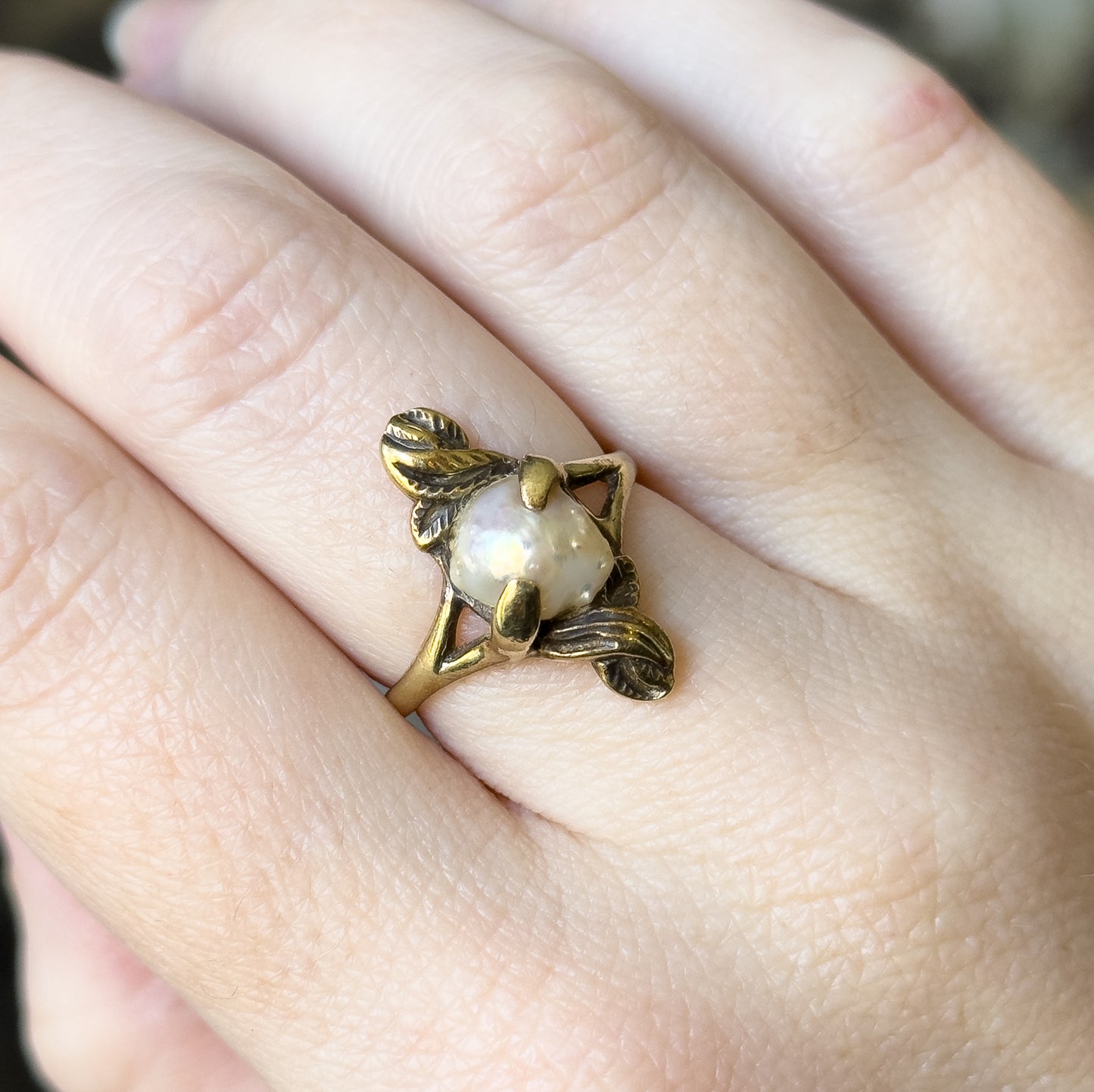 Art Nouveau Baroque Pearl Ring in 14K Yellow Gold