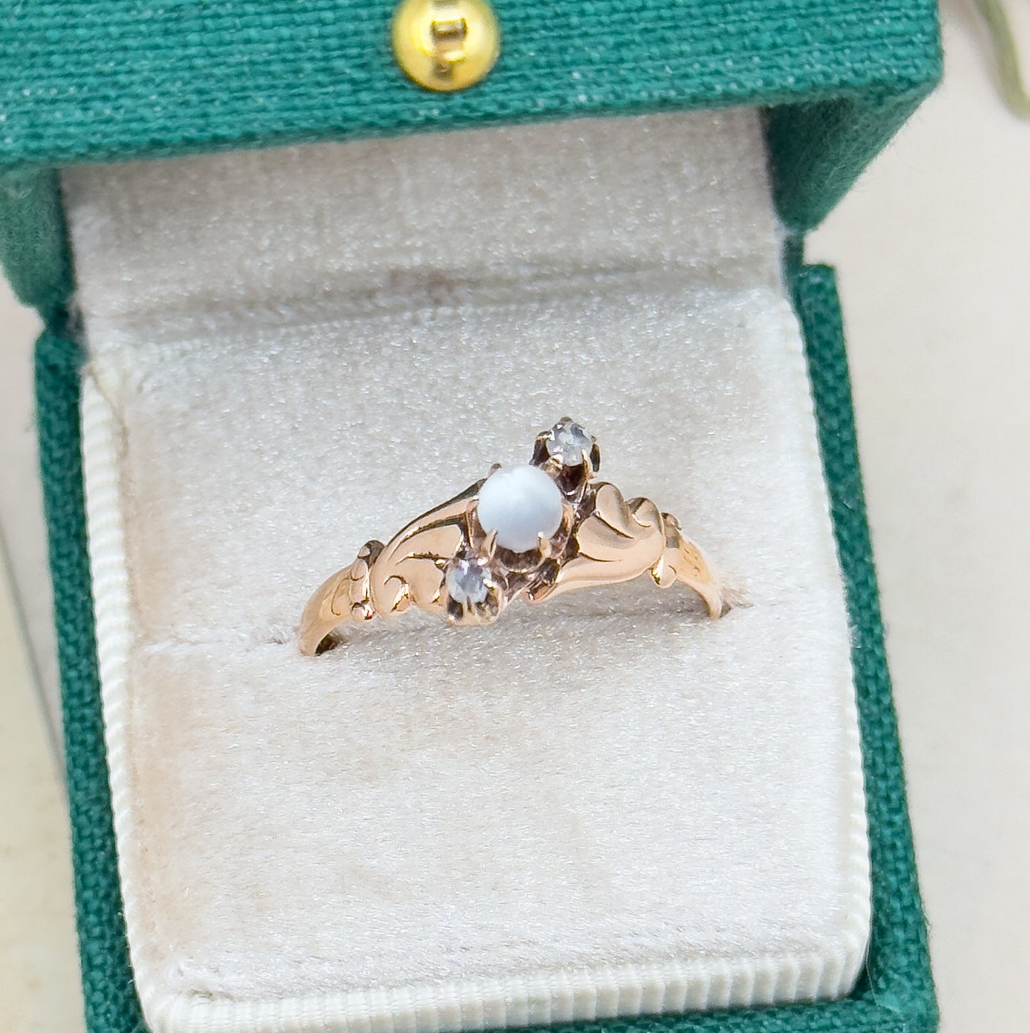 Victorian Moonstone Orb & Rose Cut Diamond Ring in 10K Yellow Gold