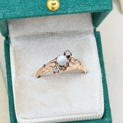 Victorian Moonstone Orb & Rose Cut Diamond Ring in 10K Yellow Gold