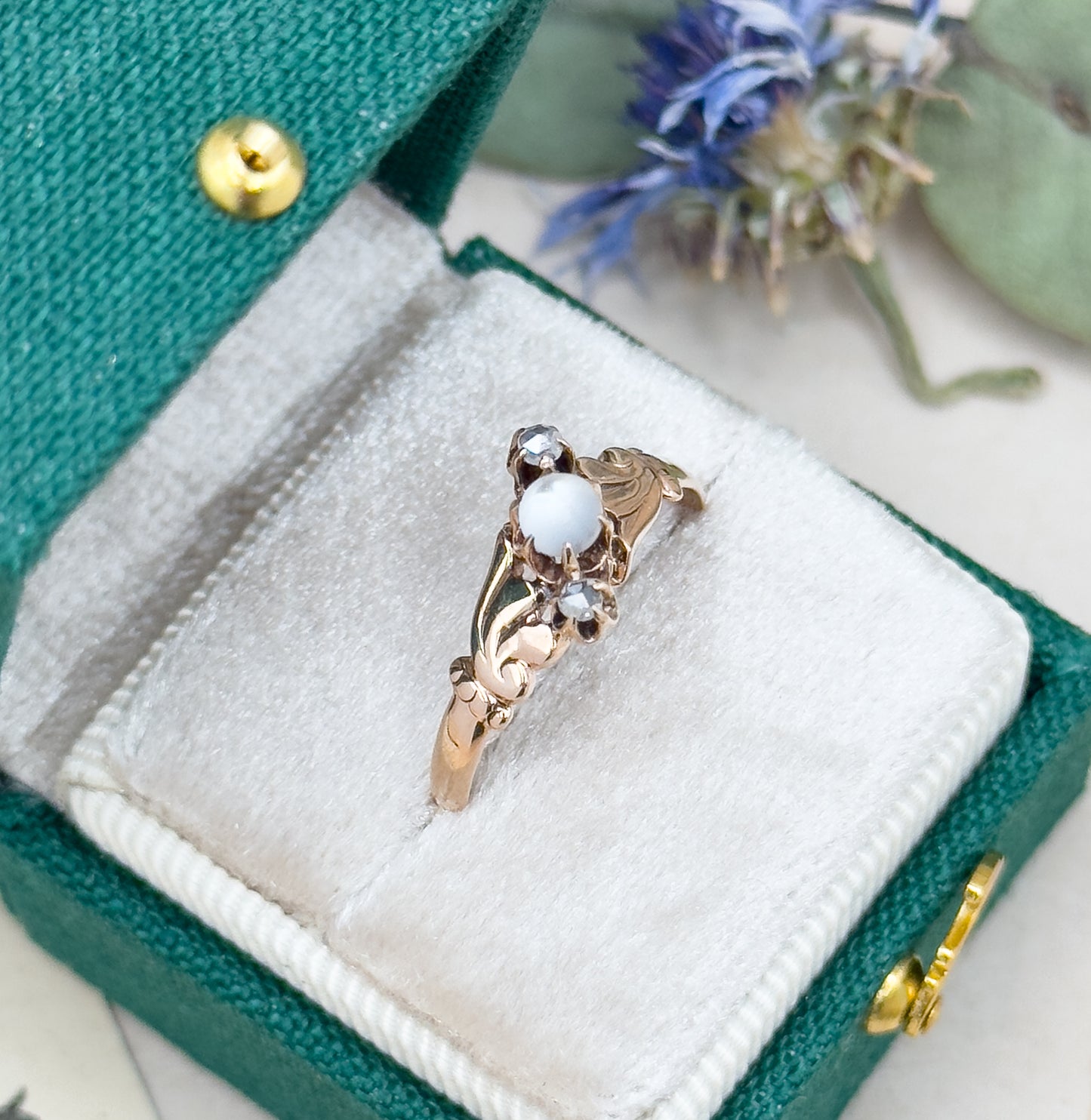 Victorian Moonstone Orb & Rose Cut Diamond Ring in 10K Yellow Gold