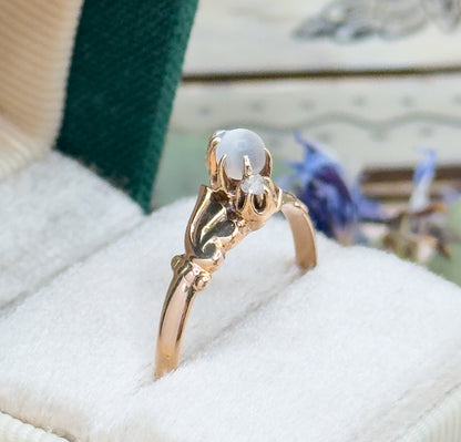 Victorian Moonstone Orb & Rose Cut Diamond Ring in 10K Yellow Gold
