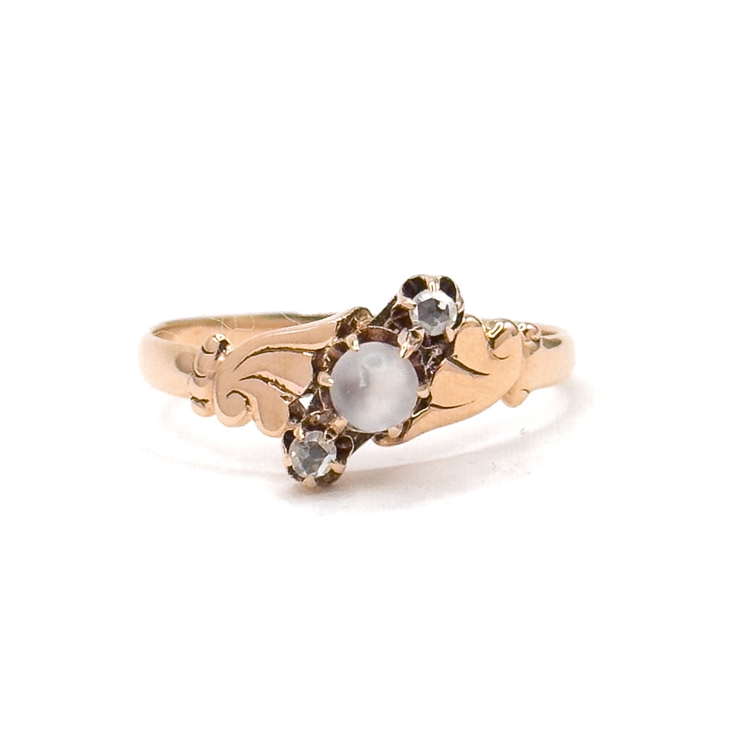 Victorian Moonstone Orb & Rose Cut Diamond Ring in 10K Yellow Gold