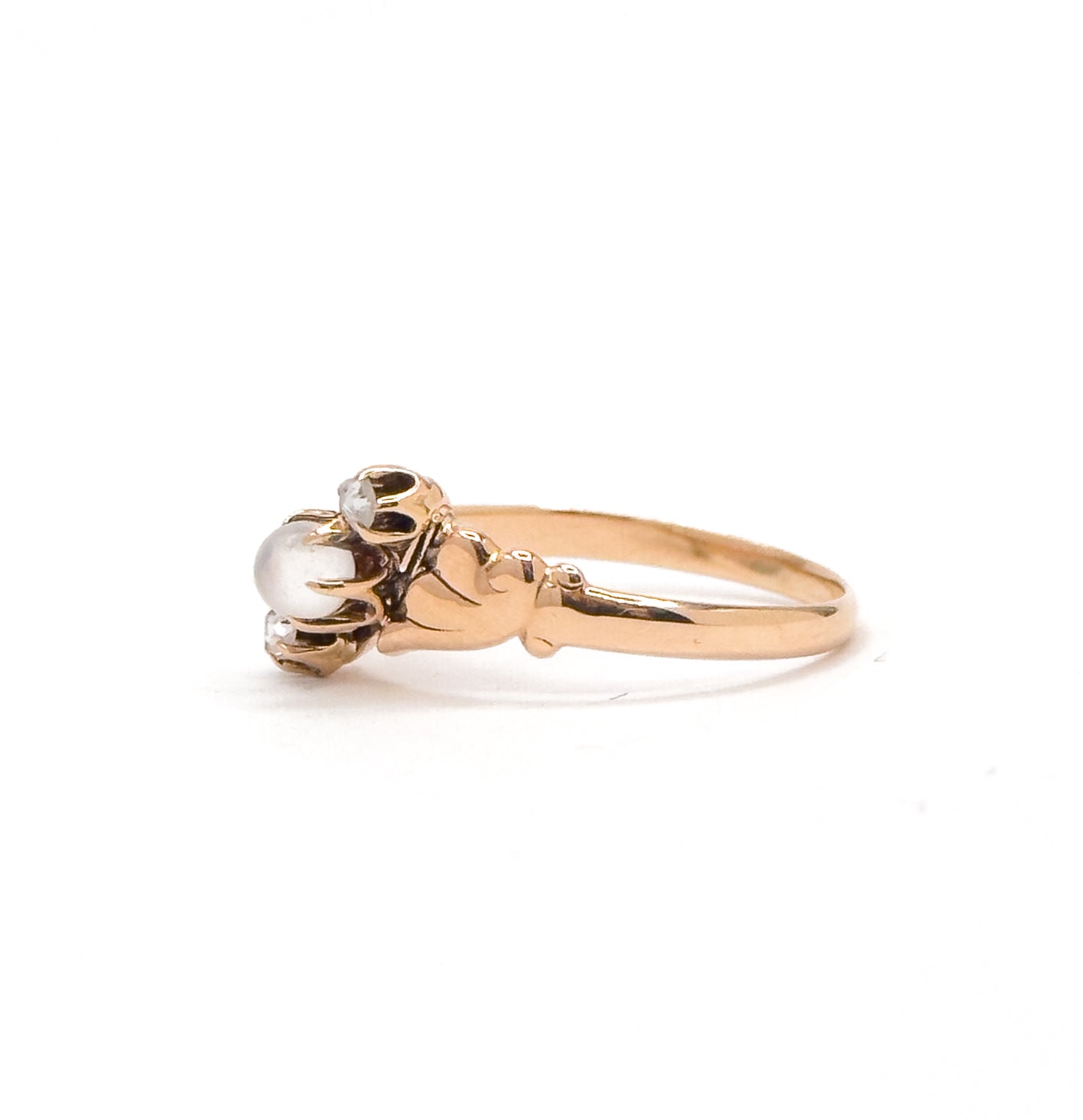 Victorian Moonstone Orb & Rose Cut Diamond Ring in 10K Yellow Gold