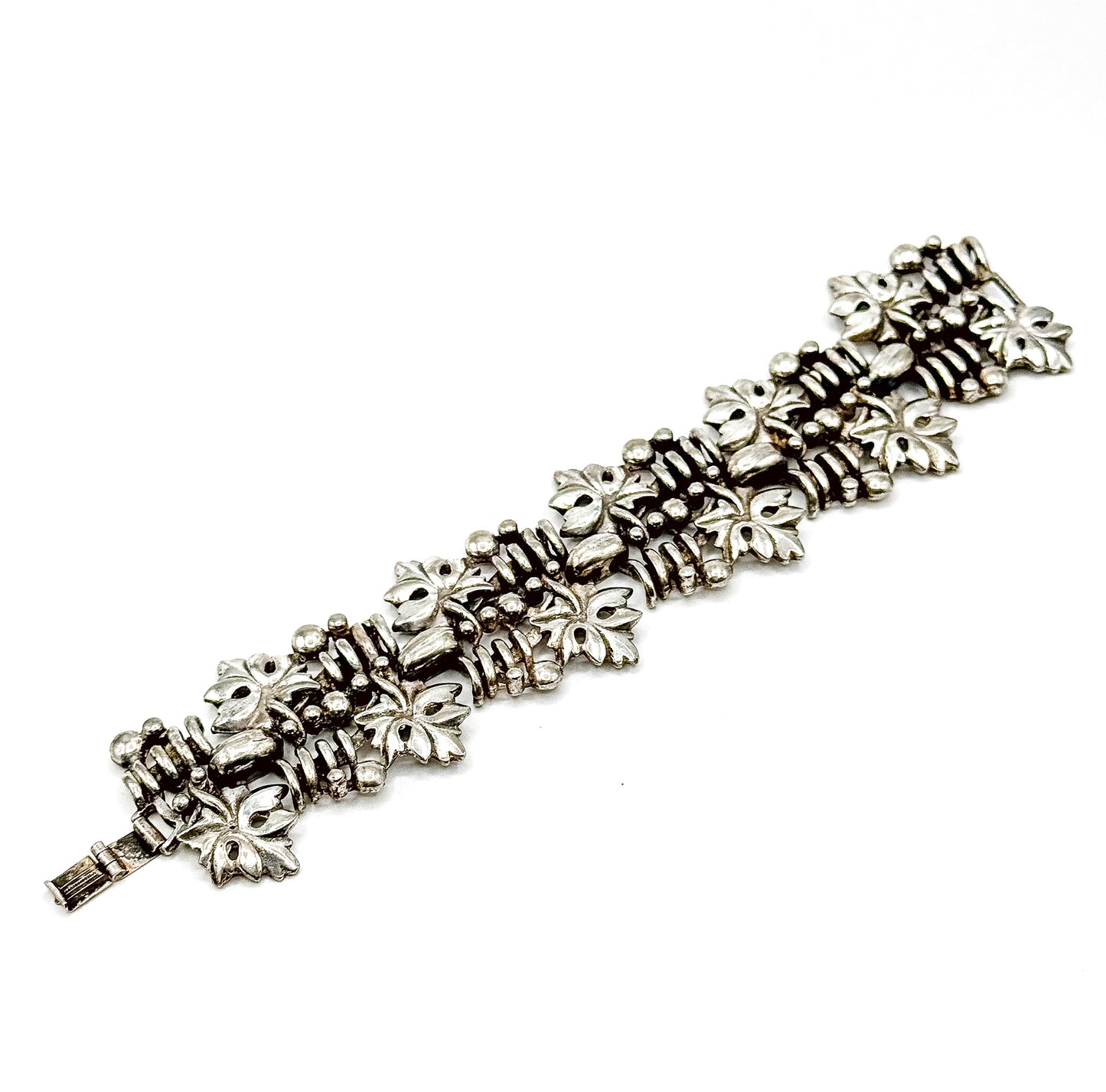 Mid-Century Wide Chunky Grape Leaf Textured Bracelet in Silver