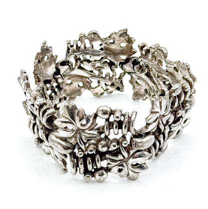 Mid-Century Wide Chunky Grape Leaf Textured Bracelet in Silver