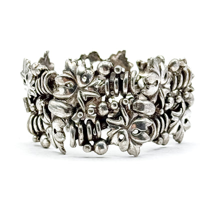 Mid-Century Wide Chunky Grape Leaf Textured Bracelet in Silver