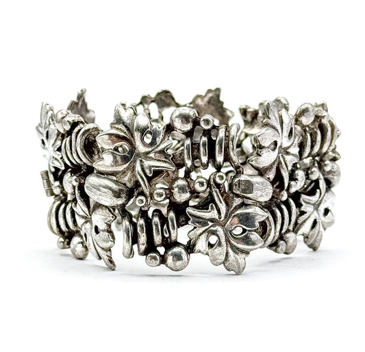 Mid-Century Wide Chunky Grape Leaf Textured Bracelet in Silver