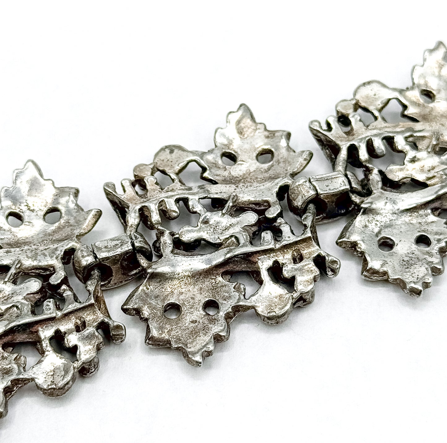 Mid-Century Wide Chunky Grape Leaf Textured Bracelet in Silver