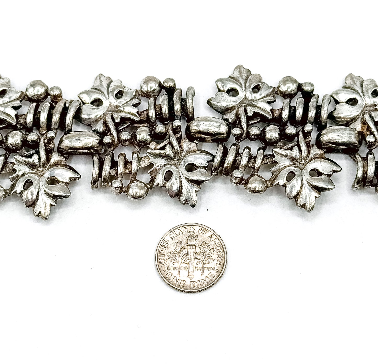 Mid-Century Wide Chunky Grape Leaf Textured Bracelet in Silver