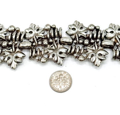 Mid-Century Wide Chunky Grape Leaf Textured Bracelet in Silver