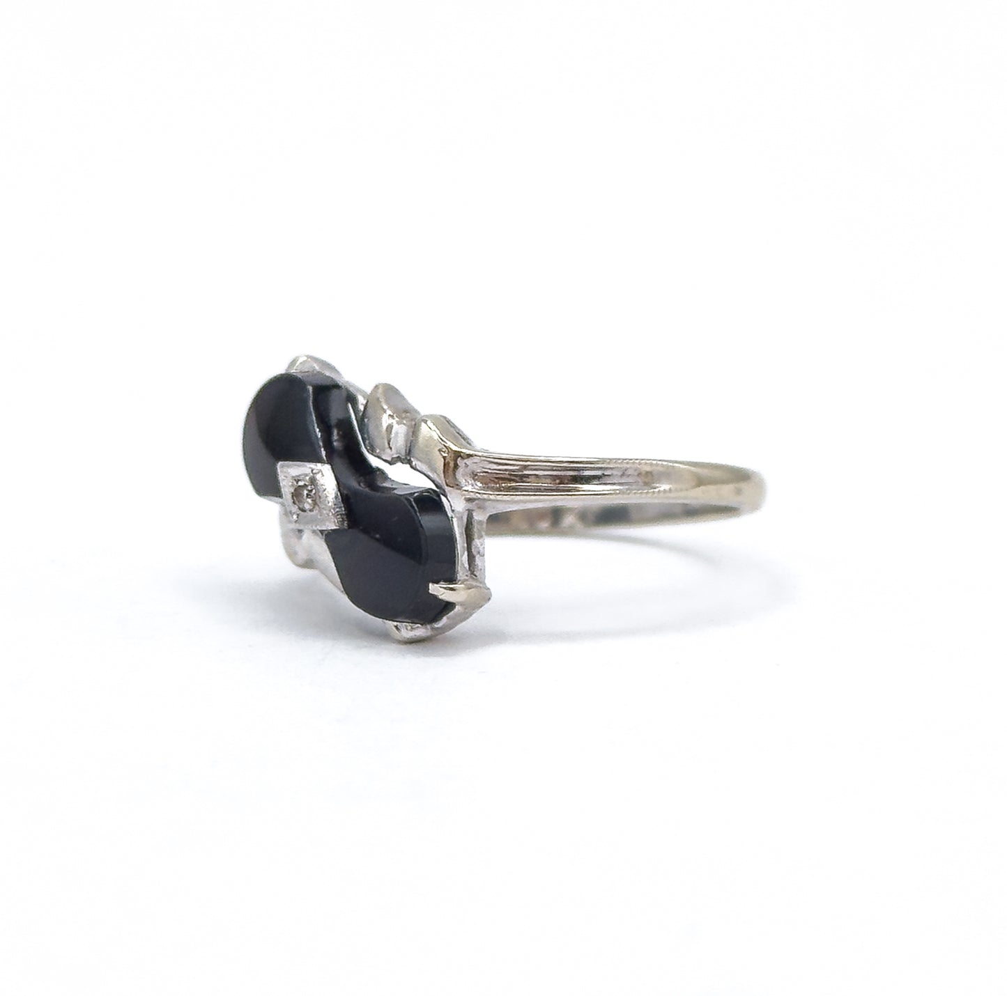 Vintage Onyx & Diamond Bowtie Ring in 10K White Gold