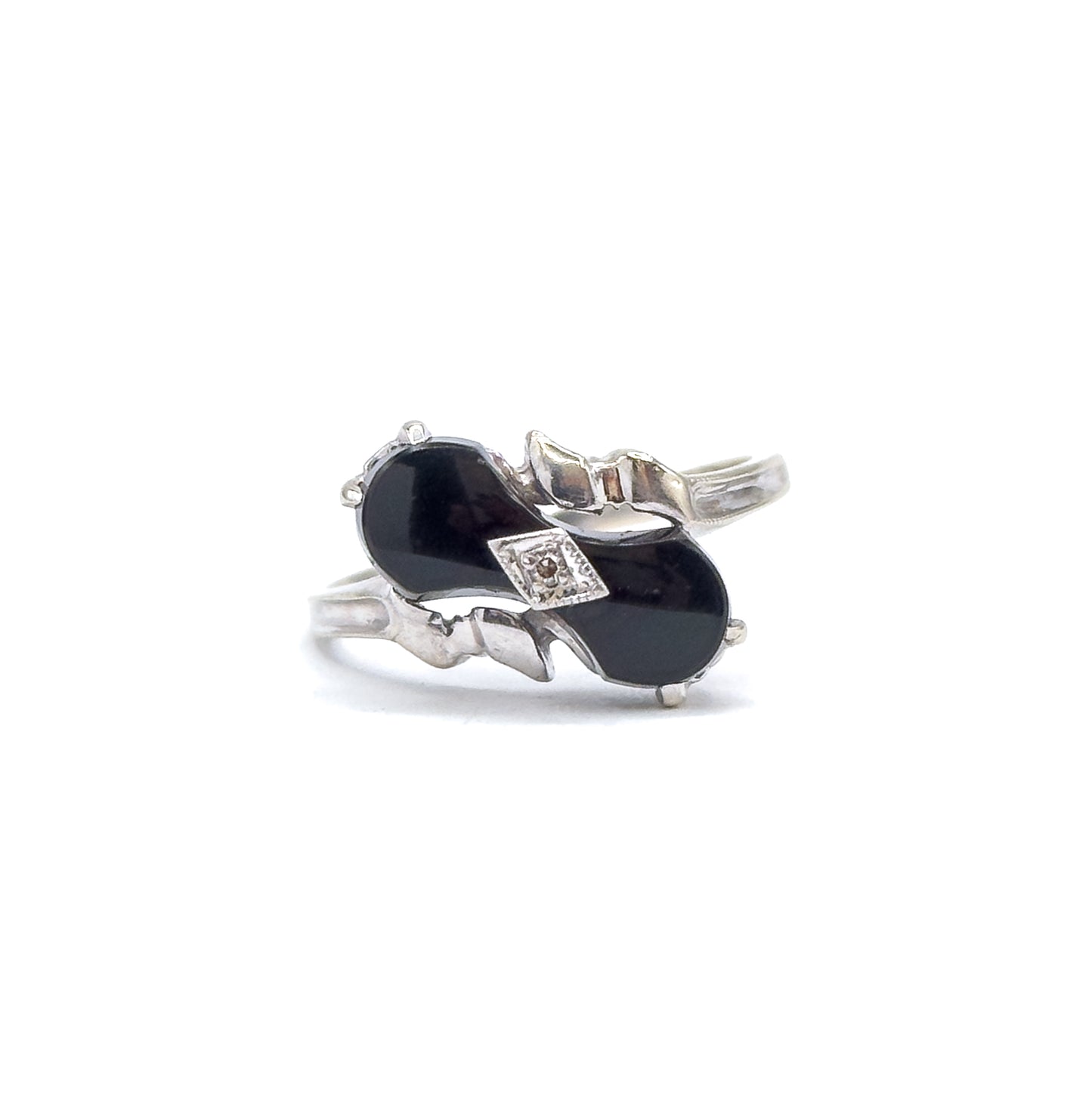 Vintage Onyx & Diamond Bowtie Ring in 10K White Gold