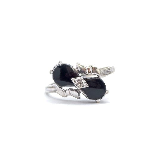 Vintage Onyx & Diamond Bowtie Ring in 10K White Gold