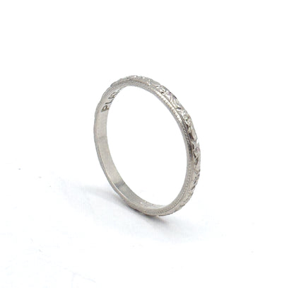 Art Deco Platinum floral pattern textured stacking band in platinum