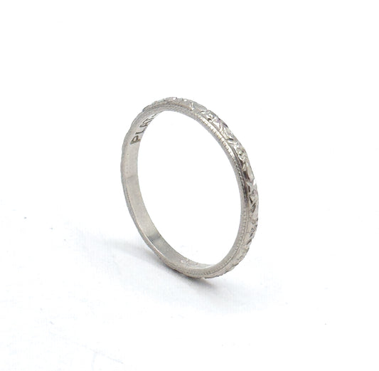 Art Deco Platinum floral pattern textured stacking band in platinum