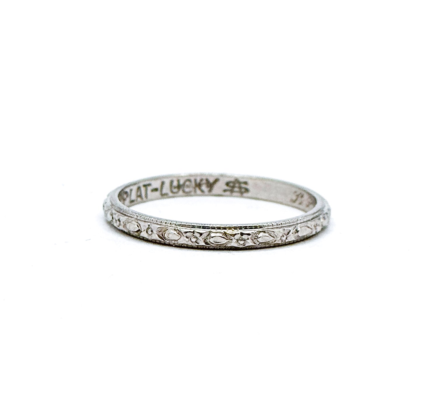 Art Deco Platinum floral pattern textured stacking band in platinum