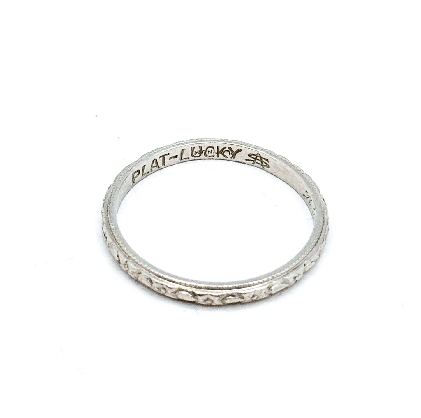 Art Deco Platinum floral pattern textured stacking band in platinum
