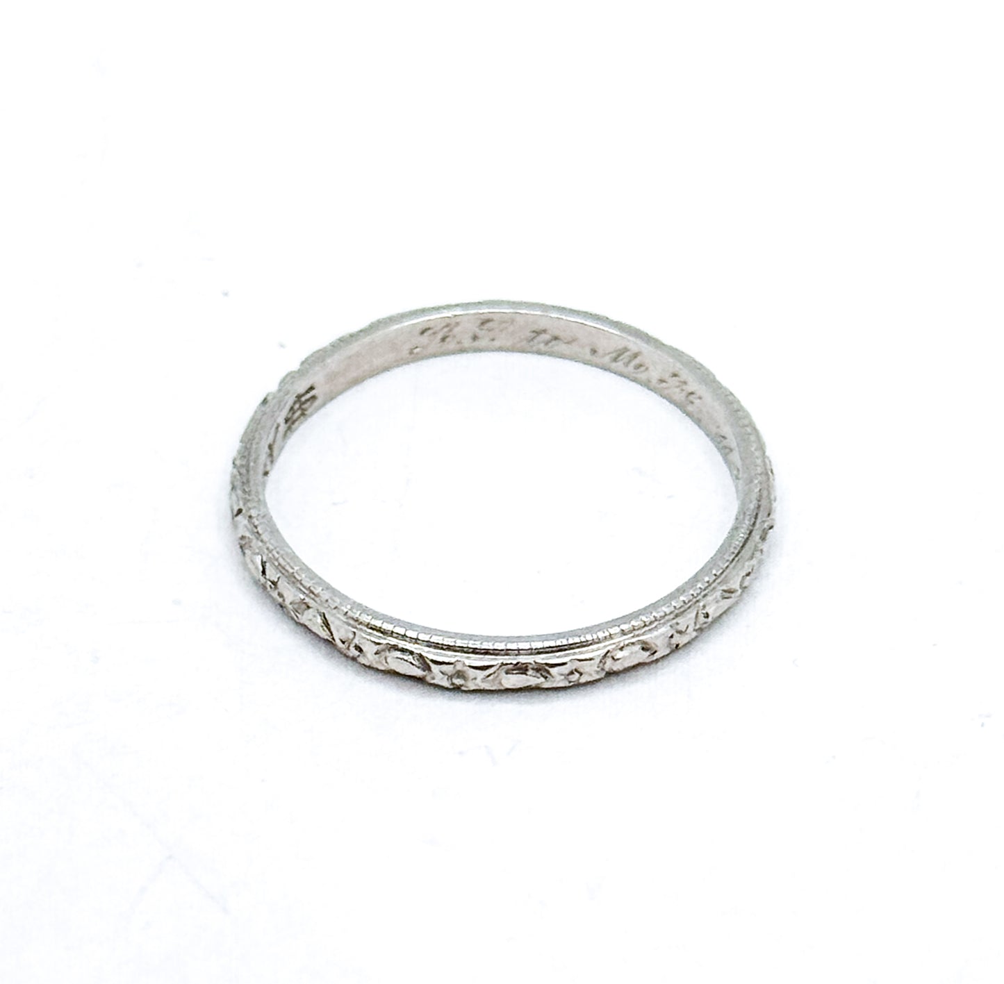 Art Deco Platinum floral pattern textured stacking band in platinum