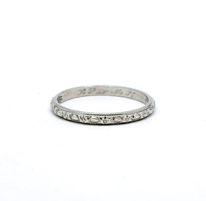 Art Deco Platinum floral pattern textured stacking band in platinum