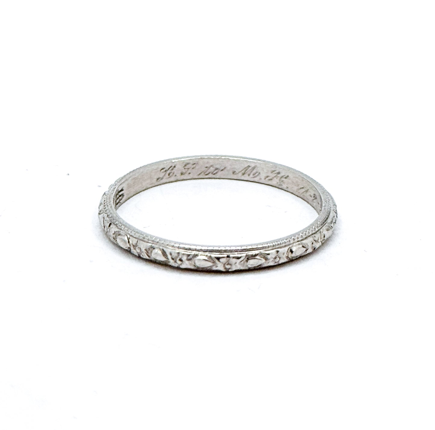 Art Deco Platinum floral pattern textured stacking band in platinum