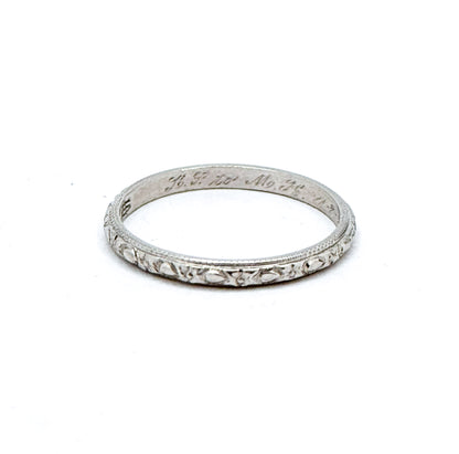 Art Deco Platinum floral pattern textured stacking band in platinum