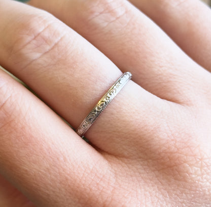 Art Deco Platinum floral pattern textured stacking band in platinum