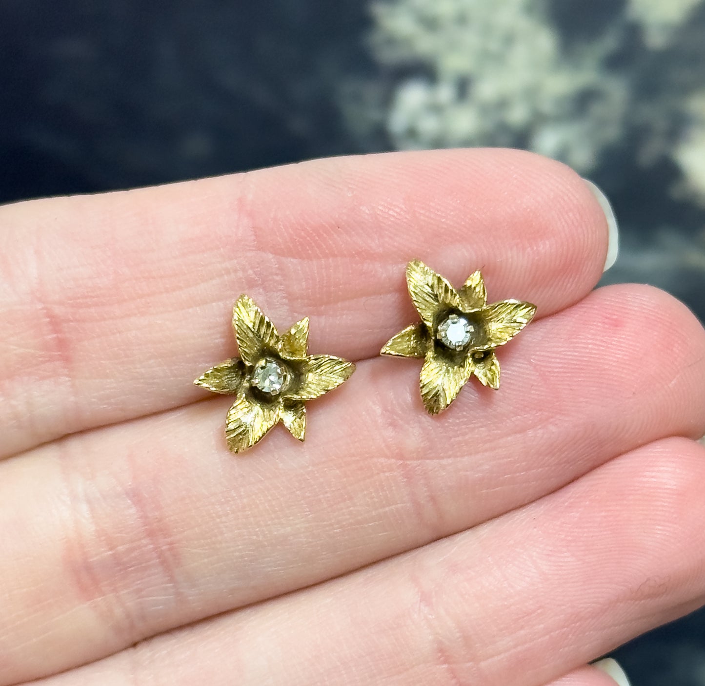 Vintage Diamond Trillium Flower Earrings in 14K Gold