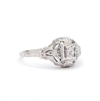 Art Deco Diamond Solitaire Ring in 18K White Gold
