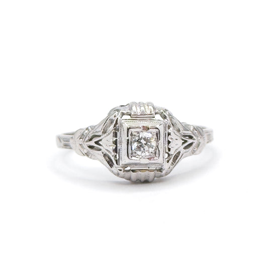 Art Deco Diamond Solitaire Ring in 18K White Gold