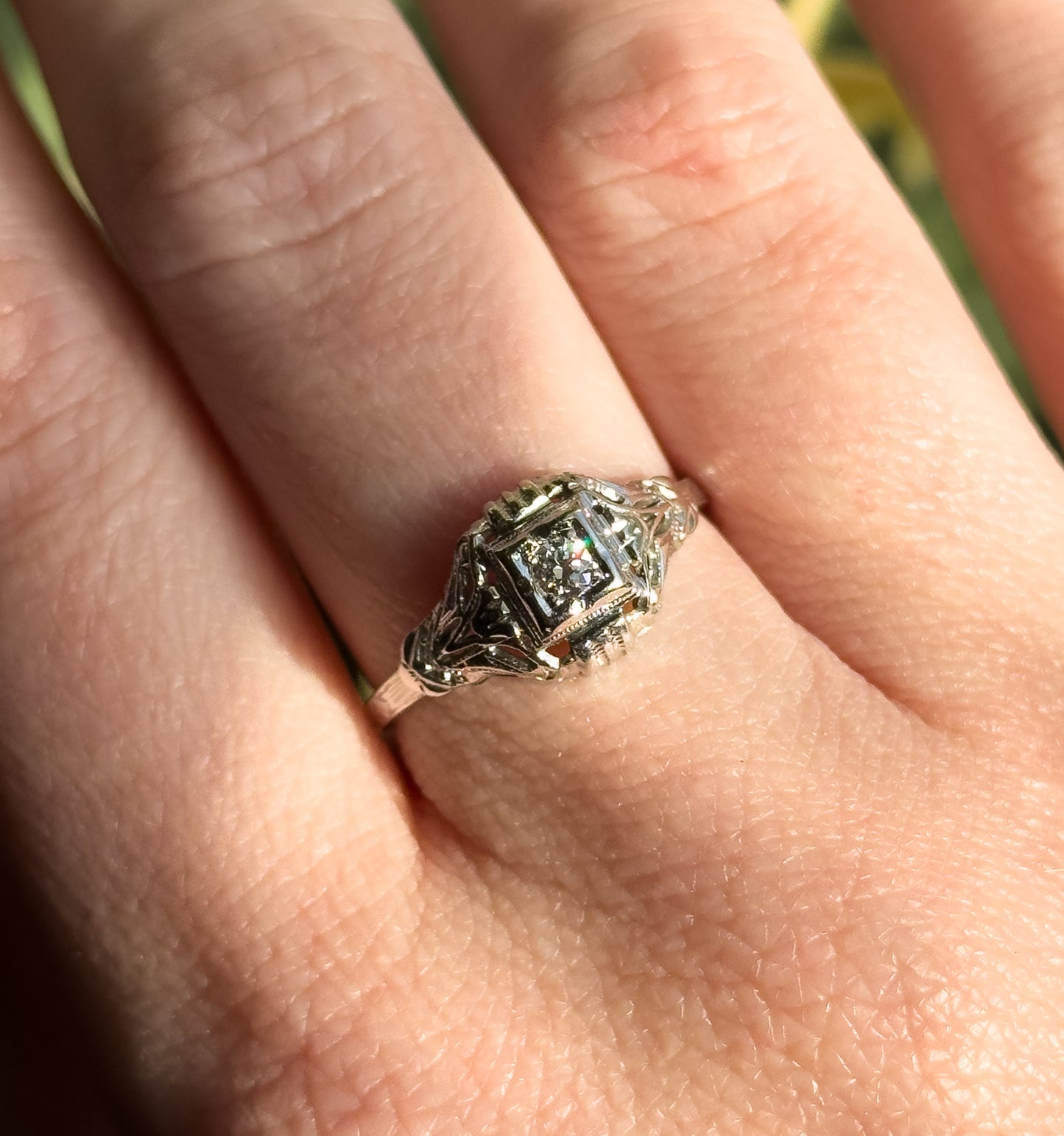 Art Deco Diamond Solitaire Ring in 18K White Gold