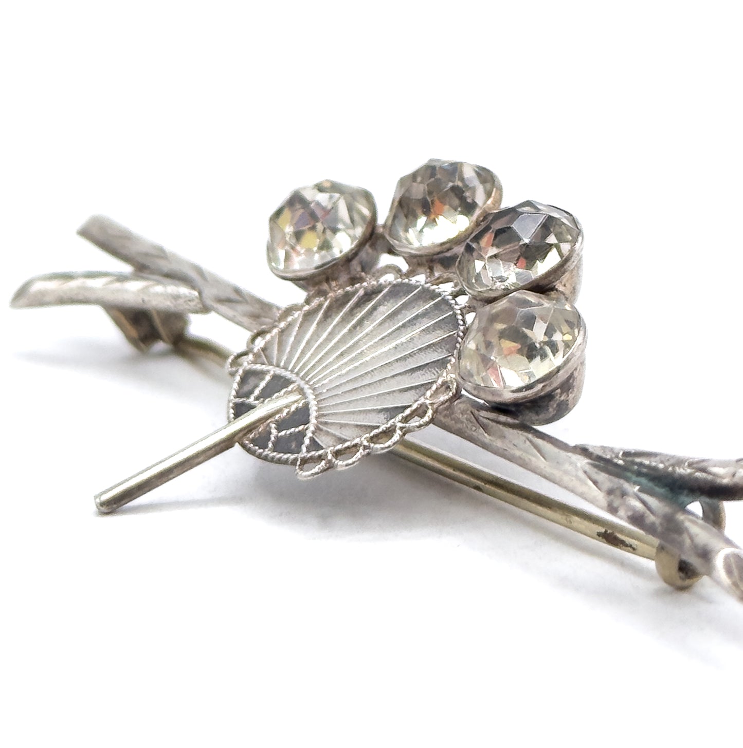 Victorian Aesthetic Period Fan Brooch with Paste Gems in Silver