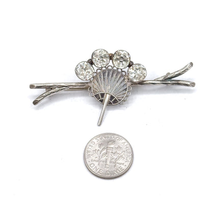 Victorian Aesthetic Period Fan Brooch with Paste Gems in Silver