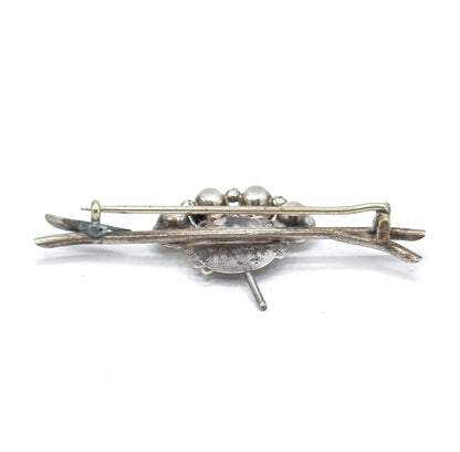Victorian Aesthetic Period Fan Brooch with Paste Gems in Silver