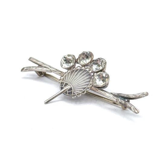 Victorian Aesthetic Period Fan Brooch with Paste Gems in Silver