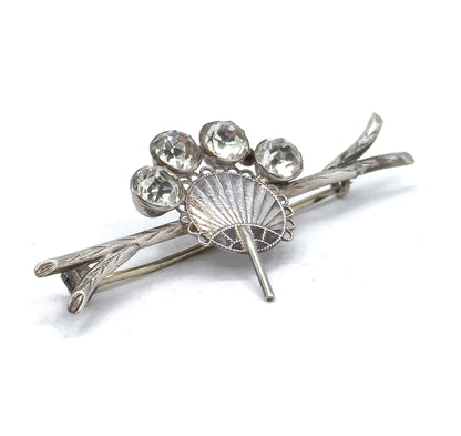 Victorian Aesthetic Period Fan Brooch with Paste Gems in Silver