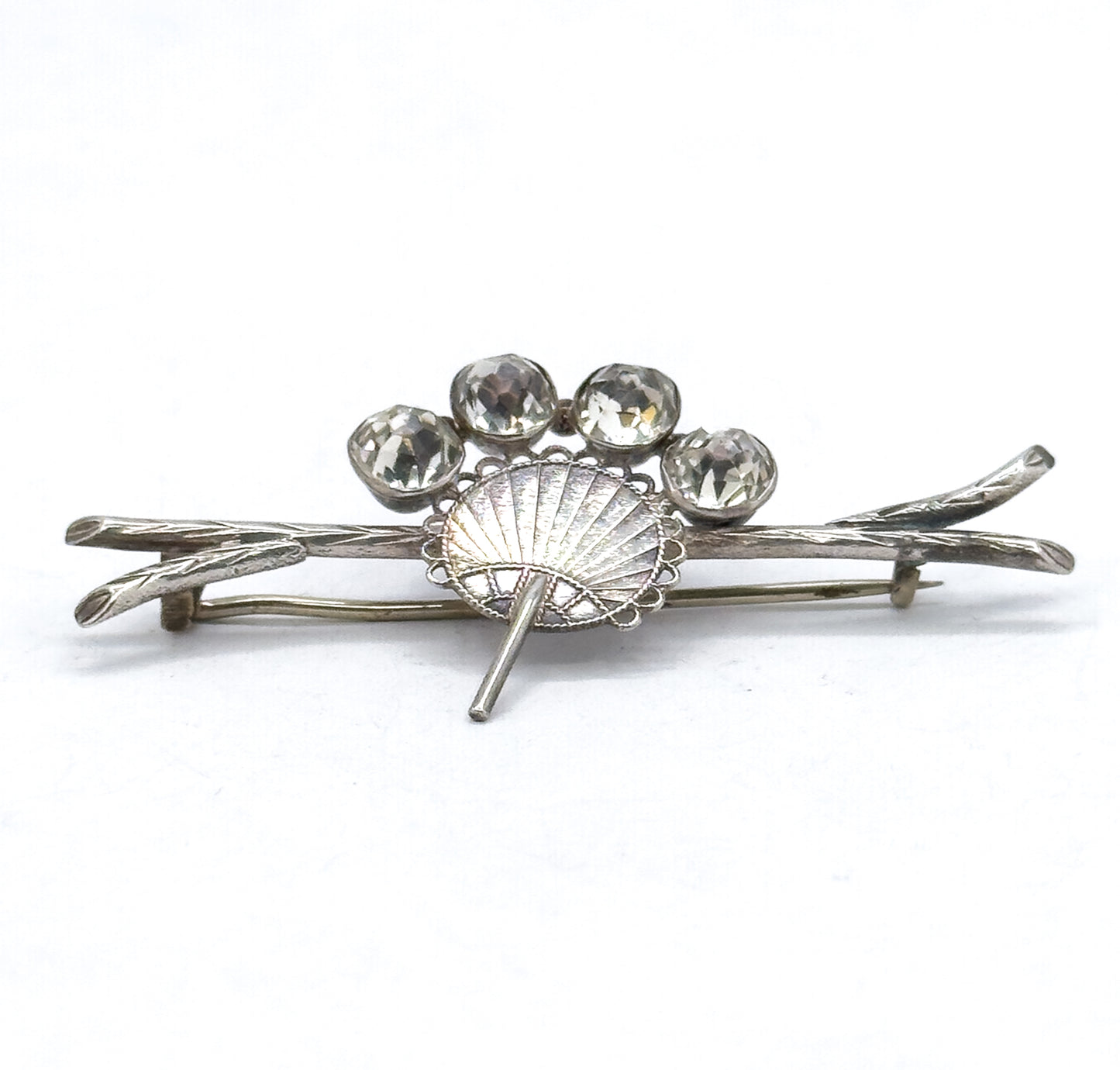 Victorian Aesthetic Period Fan Brooch with Paste Gems in Silver