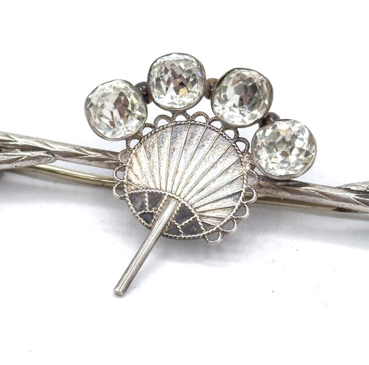 Victorian Aesthetic Period Fan Brooch with Paste Gems in Silver