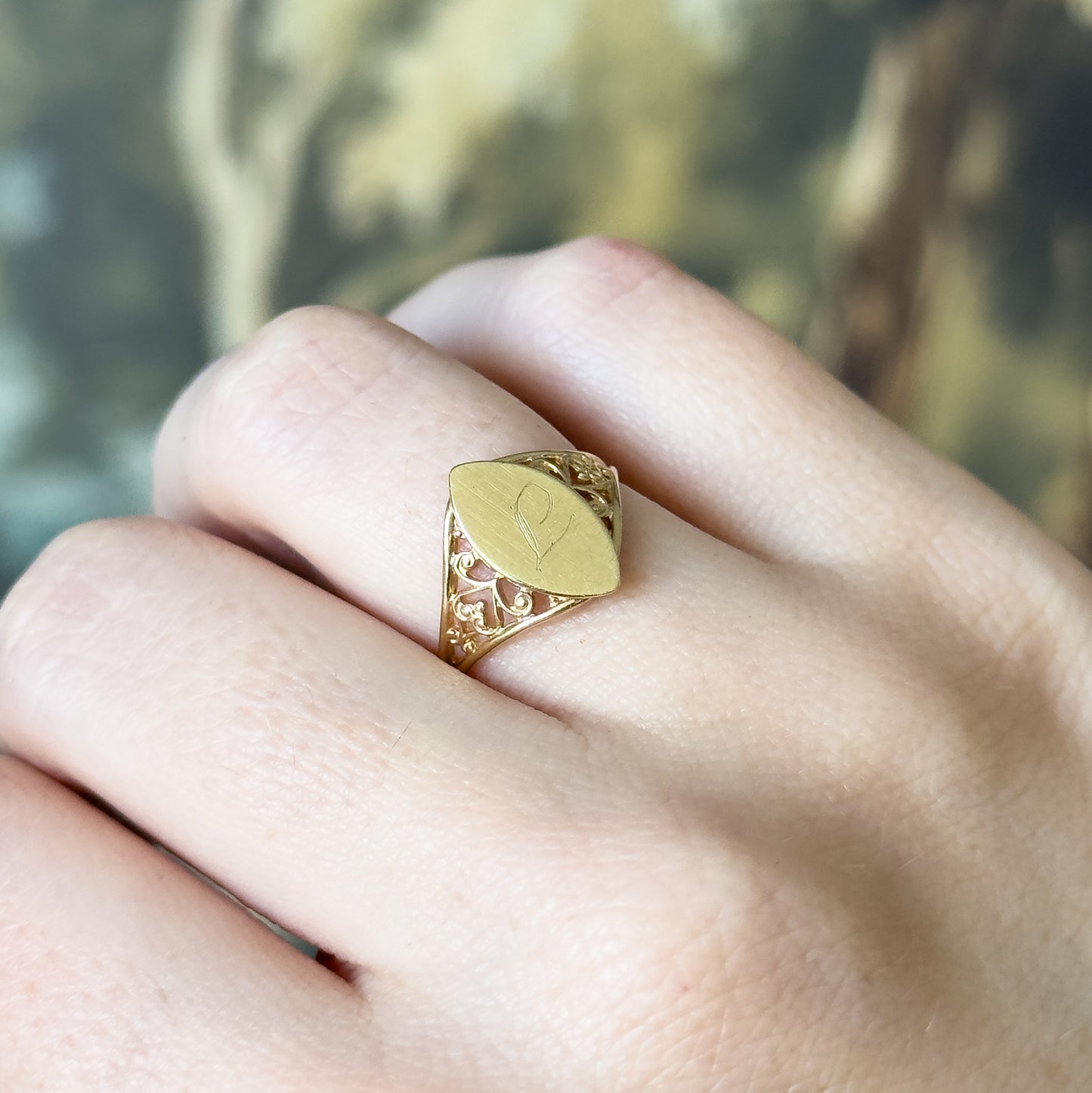 Vintage Engraved Navette Shaped Signet Ring in 10K Gold