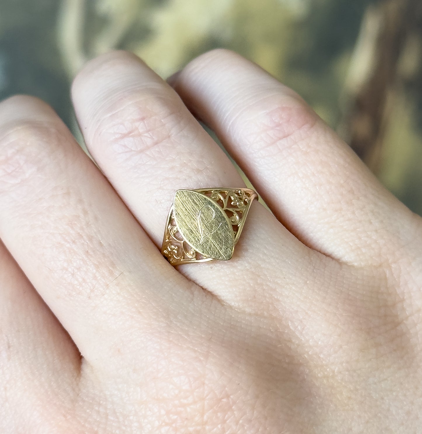 Vintage Engraved Navette Shaped Signet Ring in 10K Gold