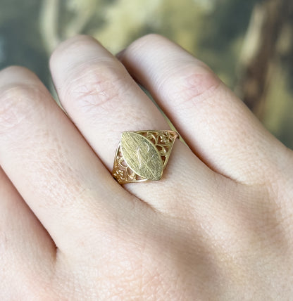 Vintage Engraved Navette Shaped Signet Ring in 10K Gold