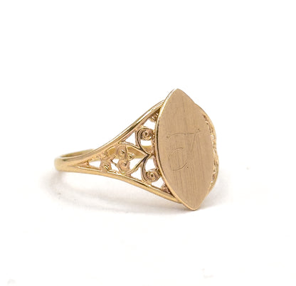 Vintage Engraved Navette Shaped Signet Ring in 10K Gold