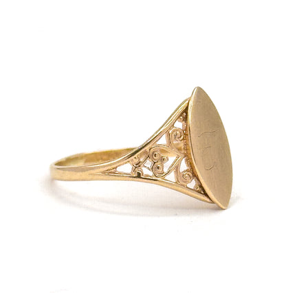 Vintage Engraved Navette Shaped Signet Ring in 10K Gold