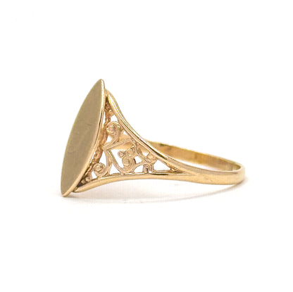 Vintage Engraved Navette Shaped Signet Ring in 10K Gold