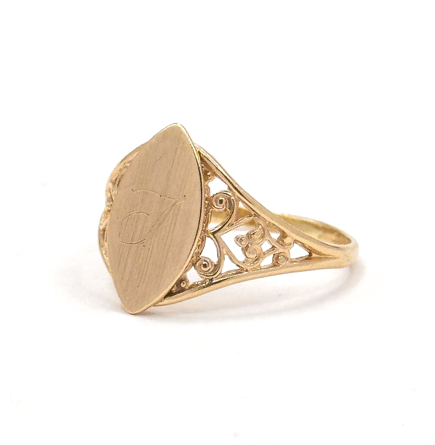 Vintage Engraved Navette Shaped Signet Ring in 10K Gold