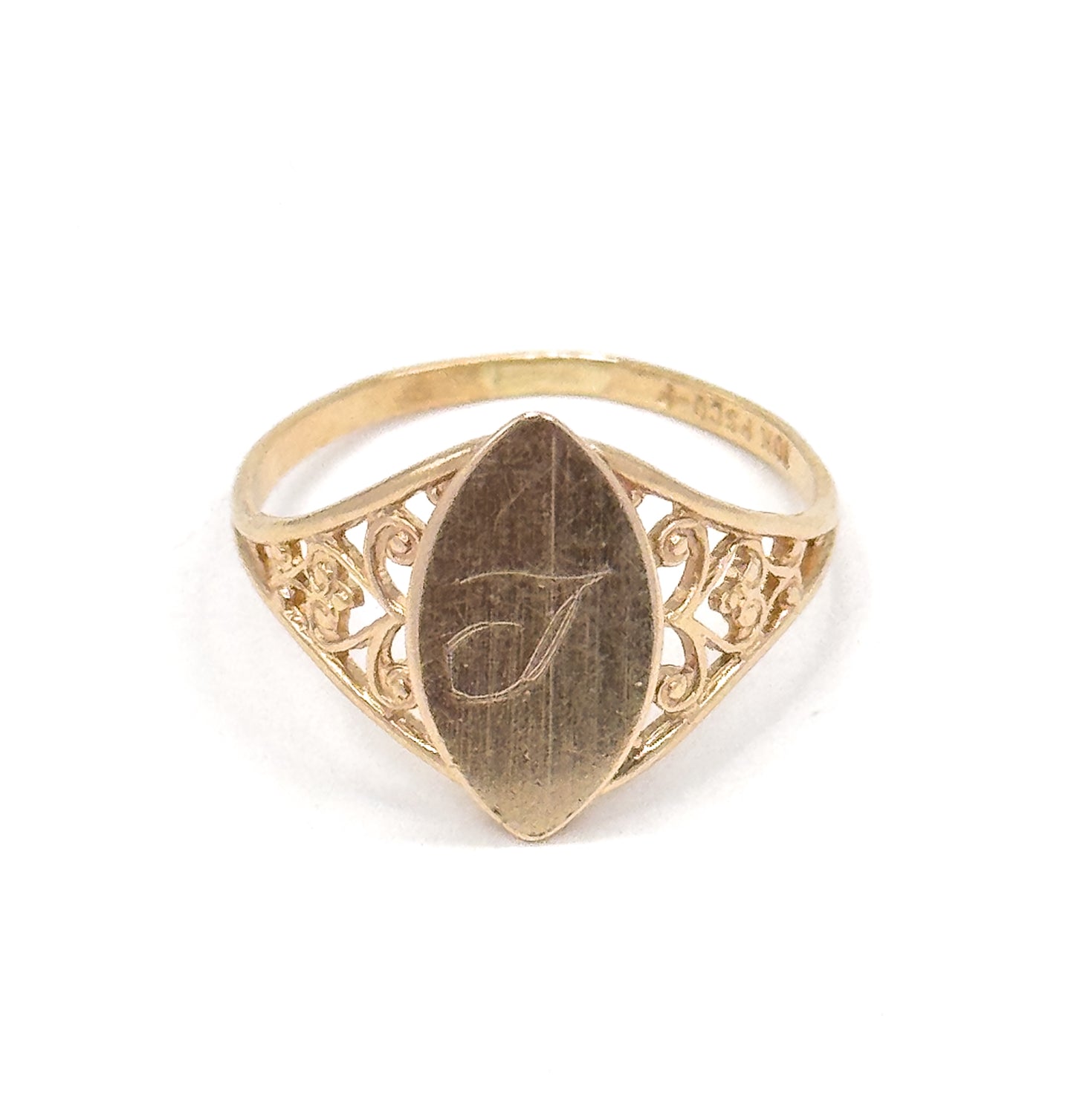 Vintage Engraved Navette Shaped Signet Ring in 10K Gold