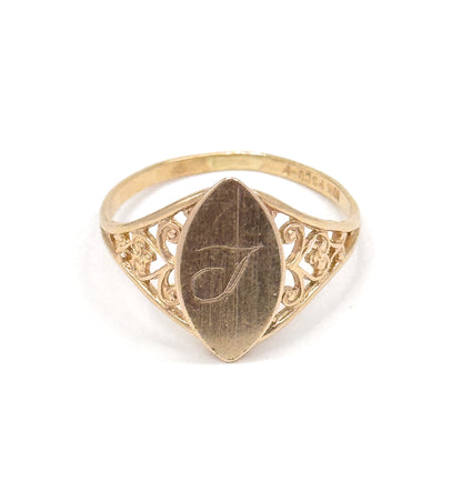 Vintage Engraved Navette Shaped Signet Ring in 10K Gold