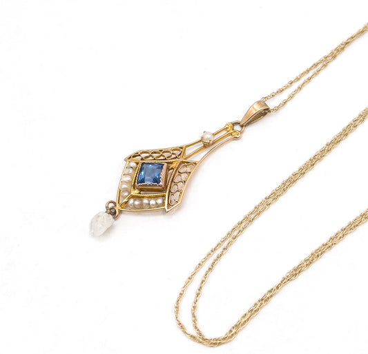 Antique Lavalier Pendant Necklace with Blue Paste Gem and Pearls in Gold