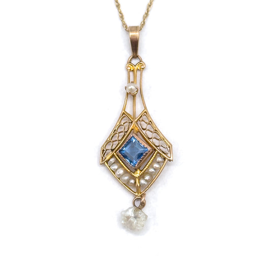 Antique Lavalier Pendant Necklace with Blue Paste Gem and Pearls in Gold