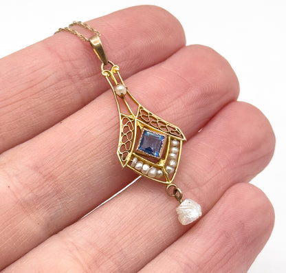 Antique Lavalier Pendant Necklace with Blue Paste Gem and Pearls in Gold